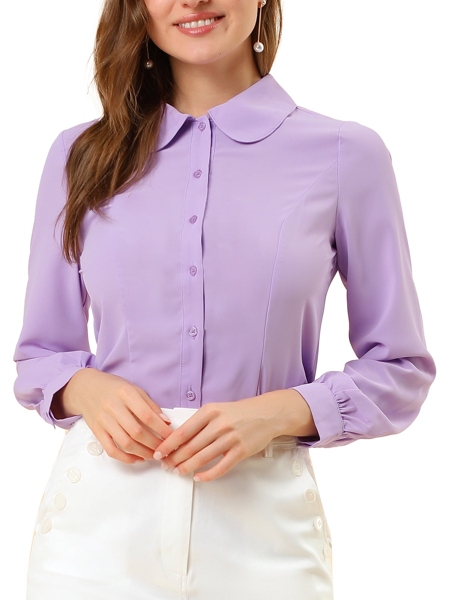 DARING DIVA Women's Peter Pan Collar Long Sleeve Button Down Work Shirts XL Purple