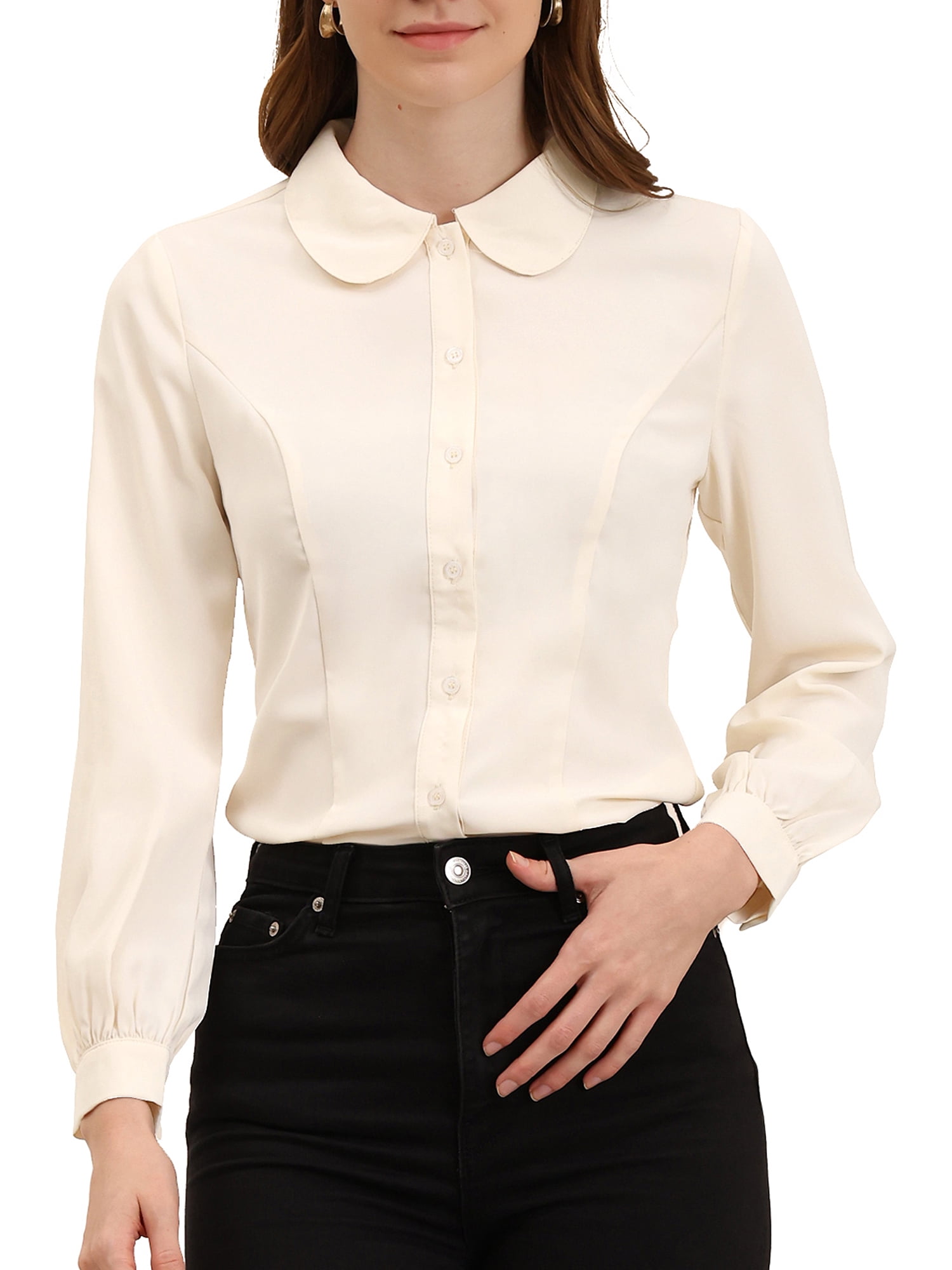 DARING DIVA Women's Peter Pan Collar Long Sleeve Button Down Work Shirts XS Beige