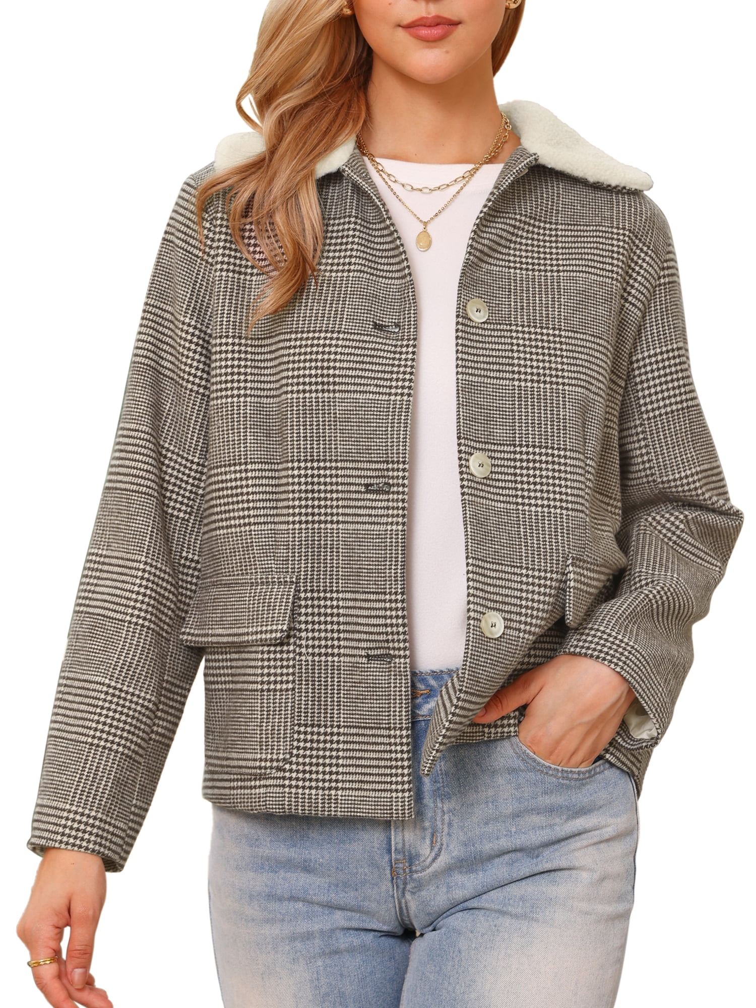 DARING DIVA Women's Peter Pan Collar Long Sleeve Houndstooth Jacket S Brown