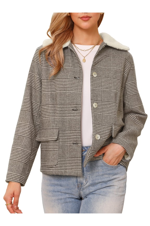 Women's Peter Pan Collar Long Sleeve Houndstooth Jacket XS Brown