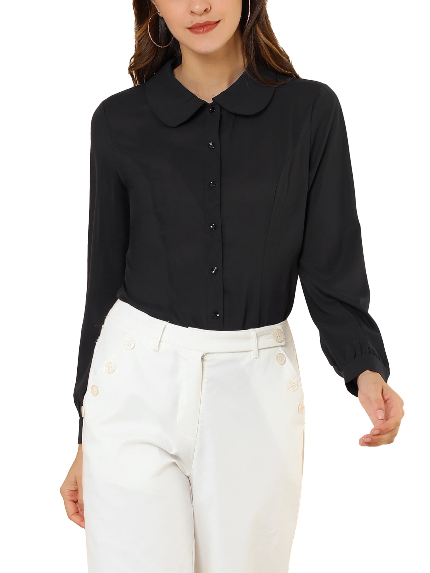 DARING DIVA Women's Peter Pan Collar Long Sleeve Work Office Shirt L Black