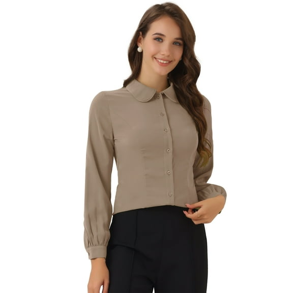 DARING DIVA Women's Peter Pan Collar Long Sleeve Work Office Shirt L Coffee
