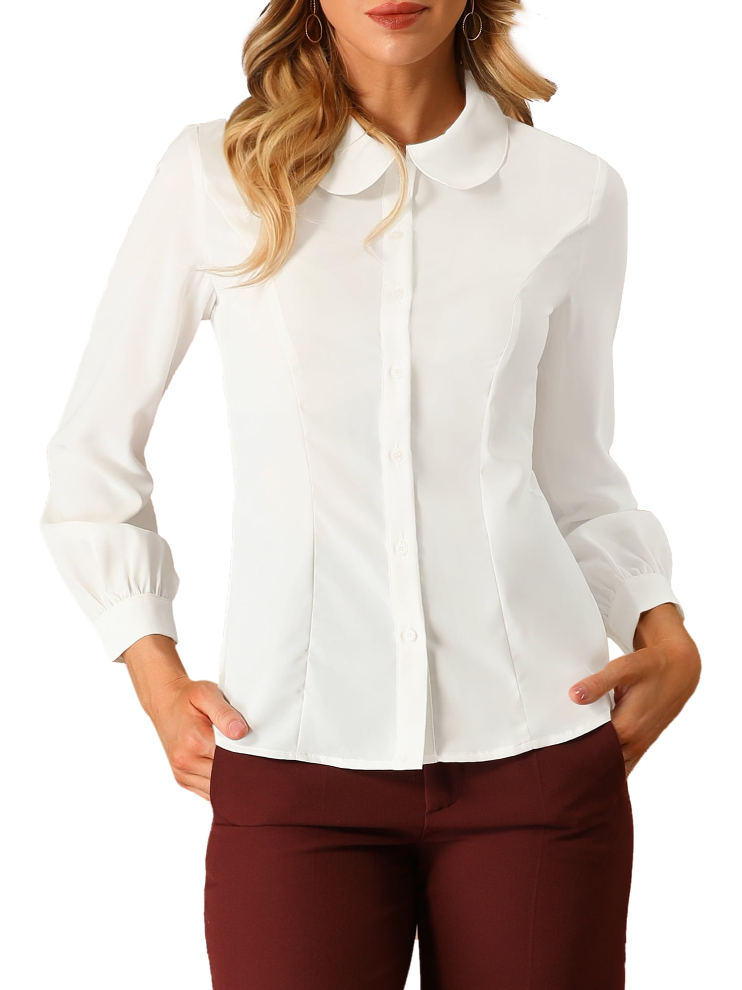 DARING DIVA Women's Peter Pan Collar Long Sleeve Work Office Shirt L Cream White