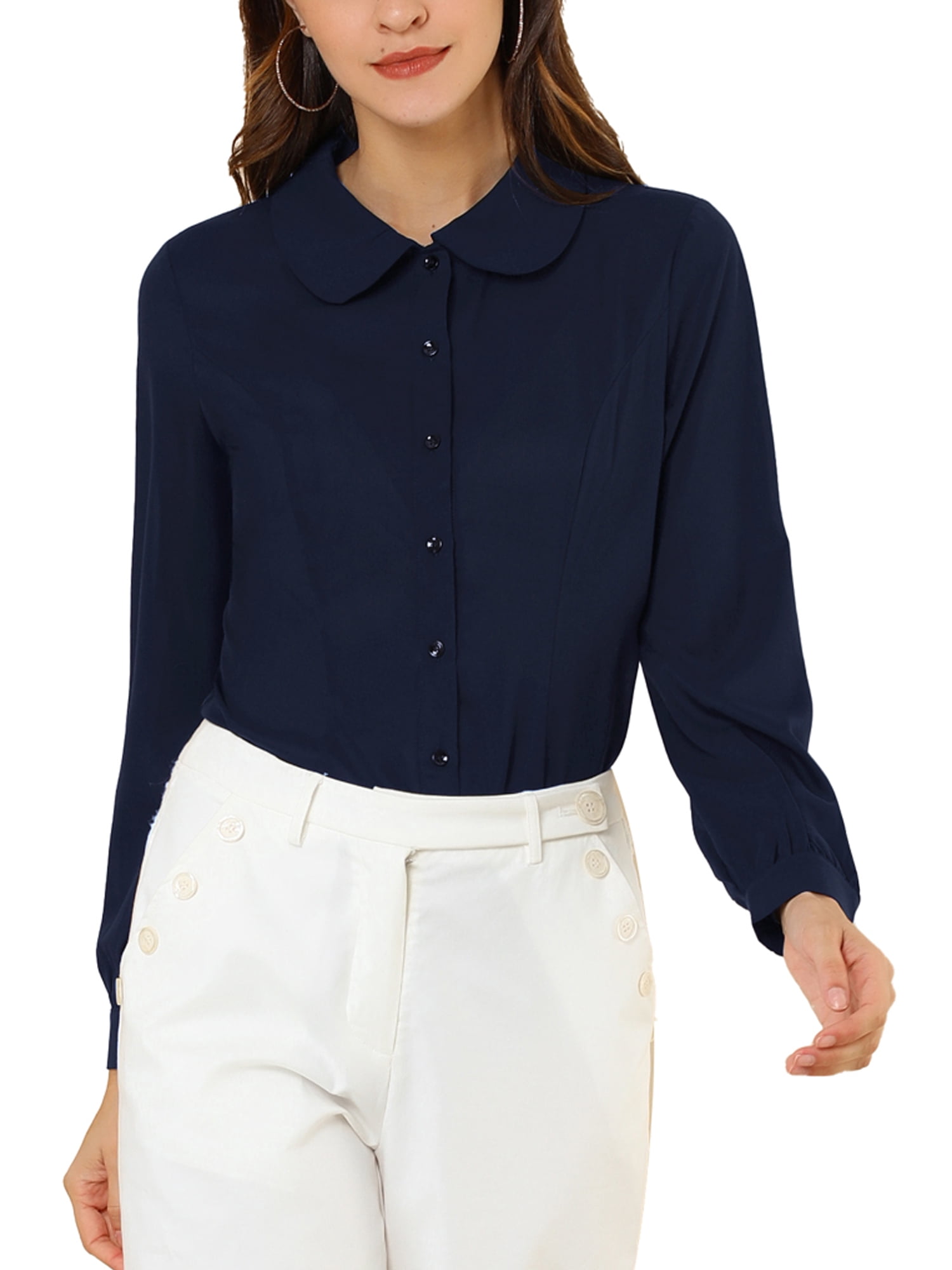 DARING DIVA Women's Peter Pan Collar Long Sleeve Work Office Shirt L Navy Blue