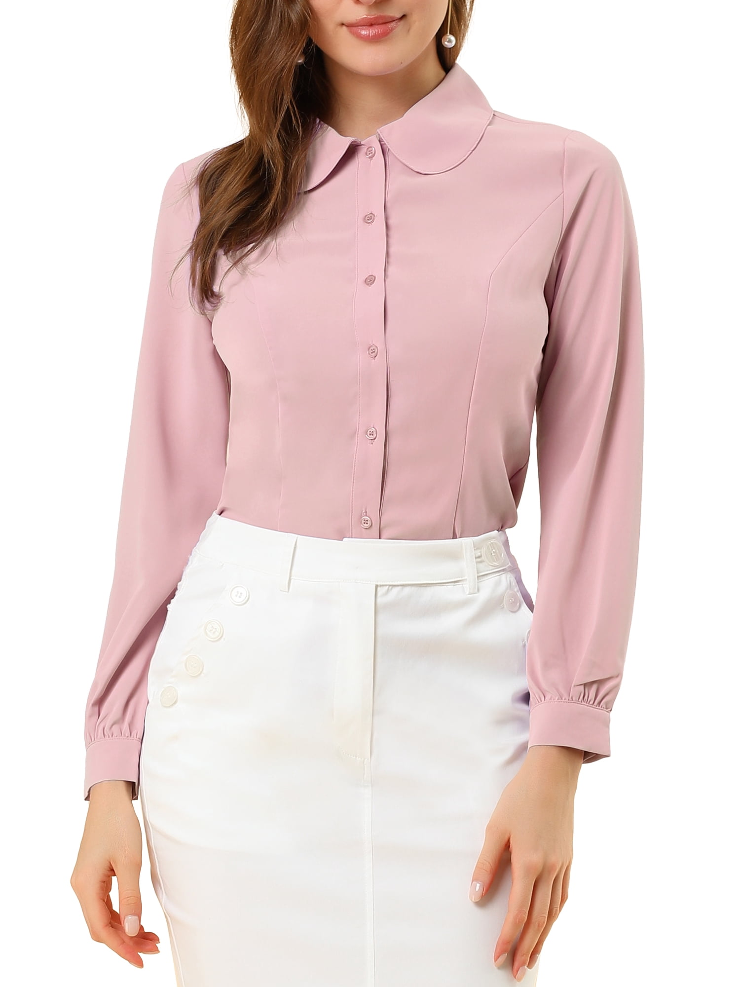 DARING DIVA Women's Peter Pan Collar Long Sleeve Work Office Shirt M Pink