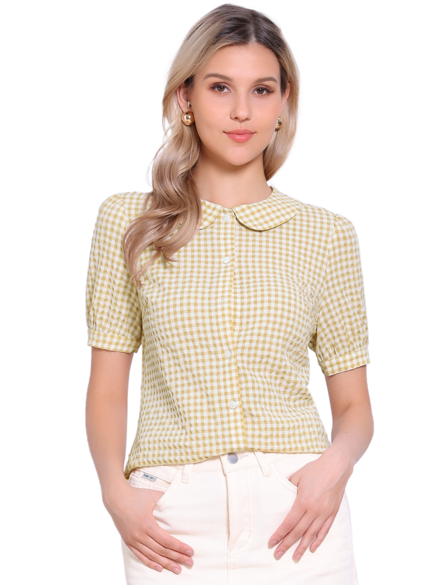 DARING DIVA Women's Peter Pan Collar Plaid Shirt Puff Short Sleeve Blouse XL Apricot
