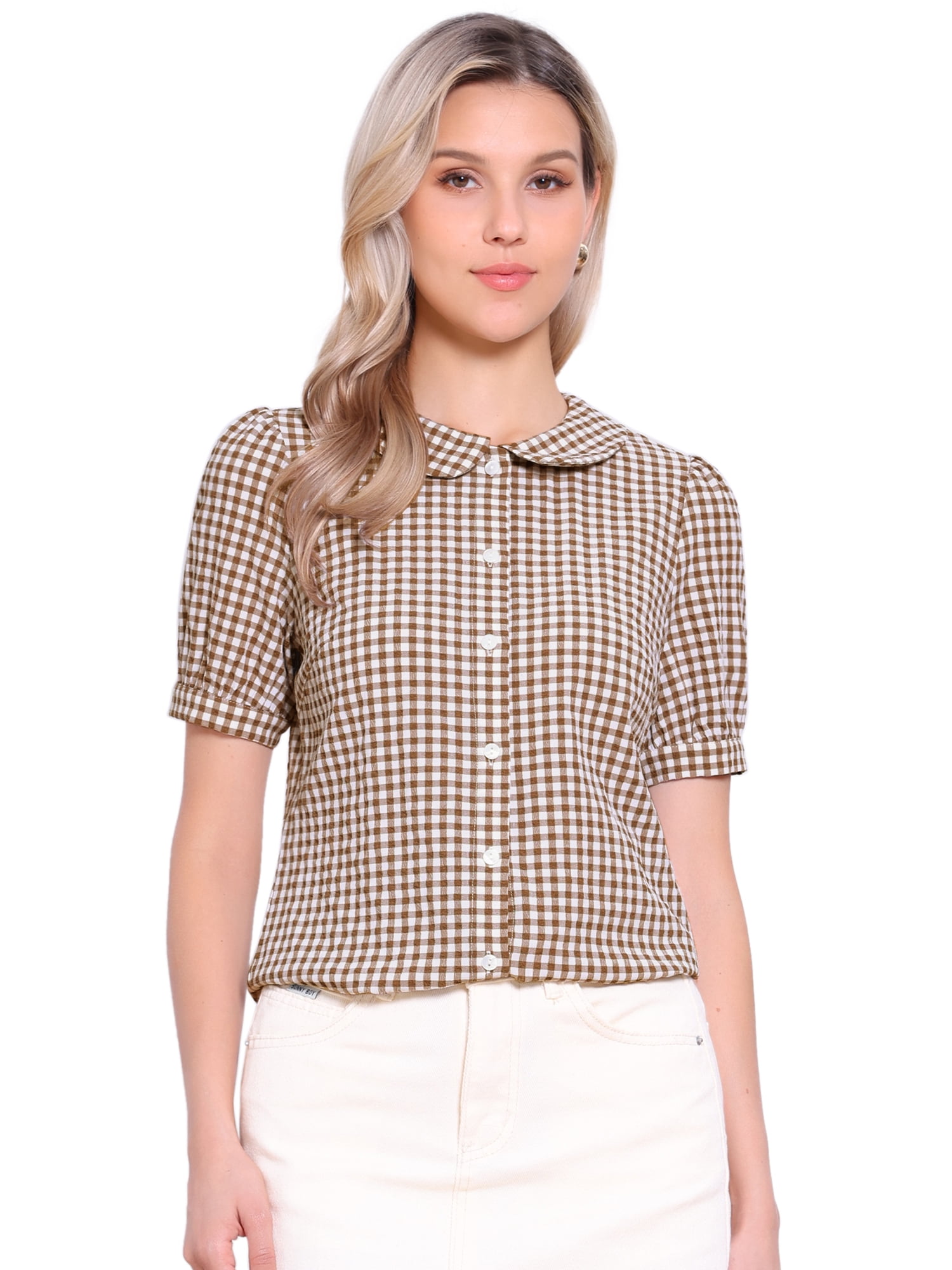 DARING DIVA Women's Peter Pan Collar Plaid Shirt Puff Short Sleeve Blouse XL Dark Brown