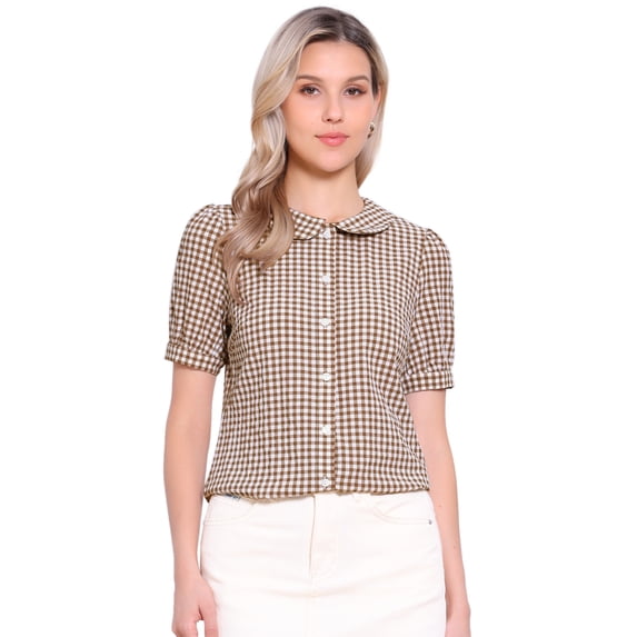 DARING DIVA Women's Peter Pan Collar Plaid Shirt Puff Short Sleeve Blouse XL Dark Brown