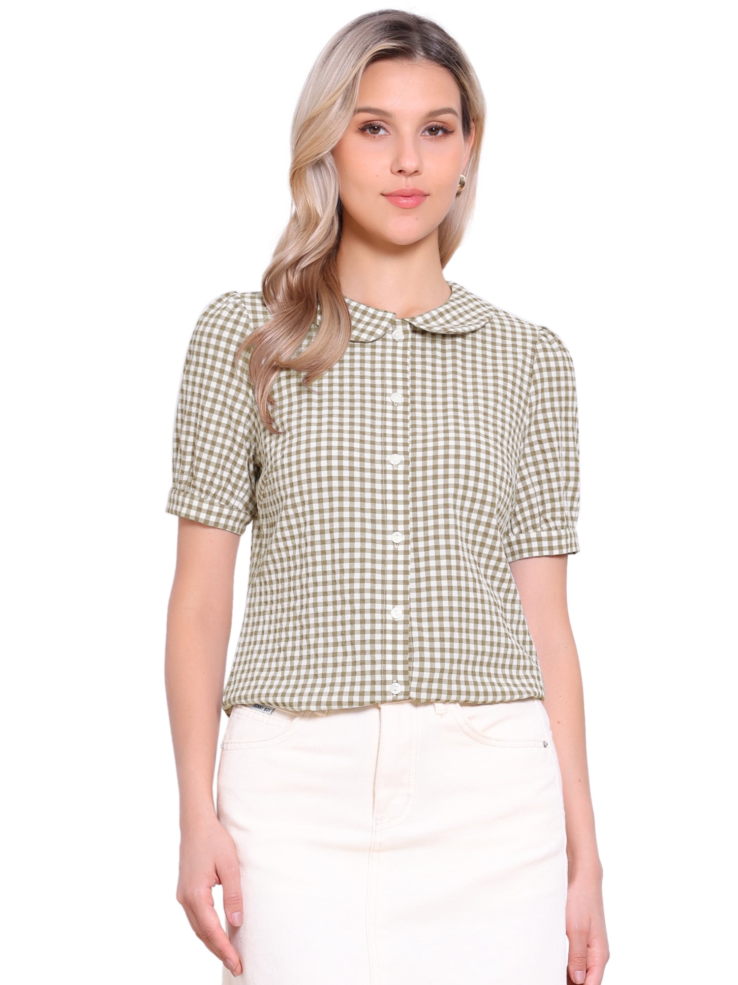DARING DIVA Women's Peter Pan Collar Plaid Shirt Puff Short Sleeve Blouse XL Light Brown