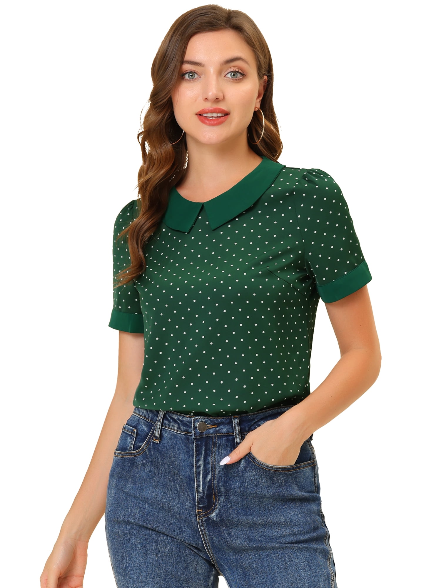 DARING DIVA Women's Peter Pan Collar Polka Dots Short Sleeve Tops 2XL Green