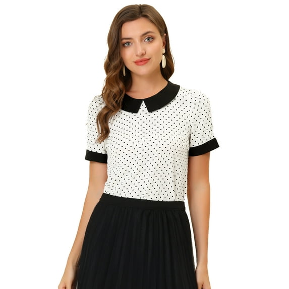 DARING DIVA Women's Peter Pan Collar Polka Dots Short Sleeve Tops 3XL White