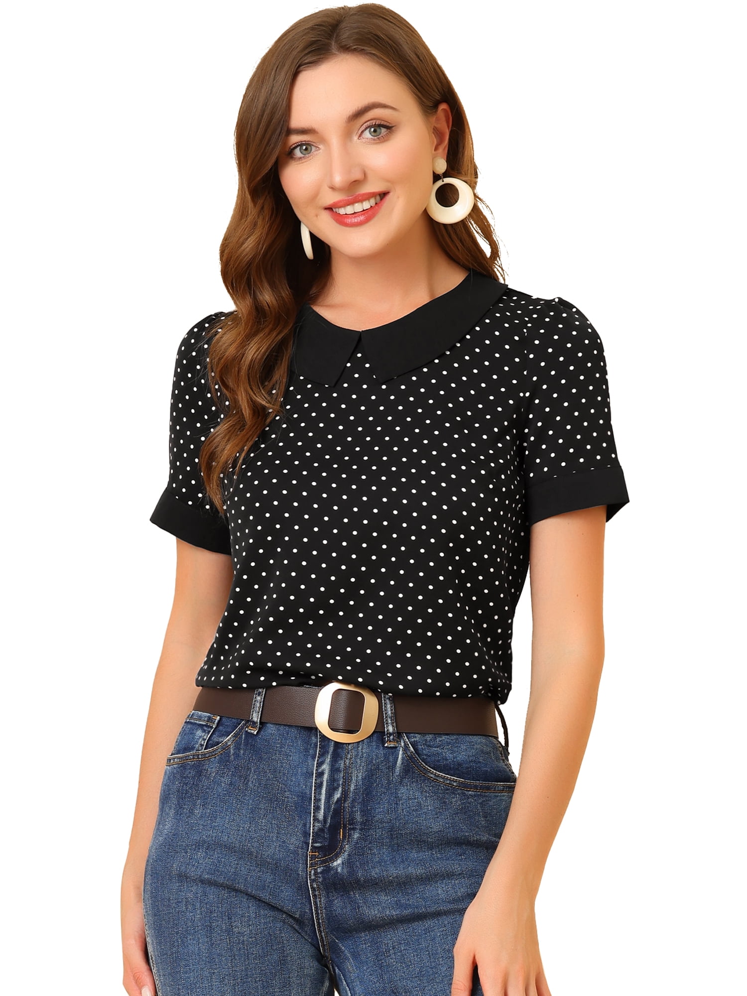 DARING DIVA Women's Peter Pan Collar Polka Dots Short Sleeve Tops L Black