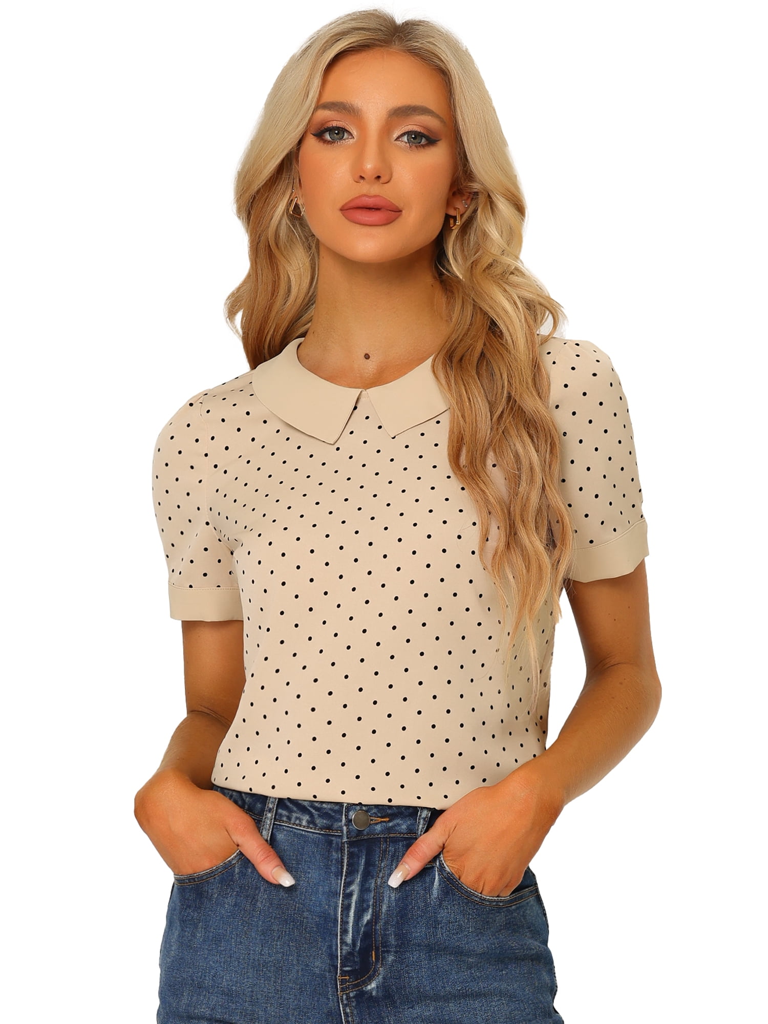 DARING DIVA Women's Peter Pan Collar Polka Dots Short Sleeve Tops L Dark Beige