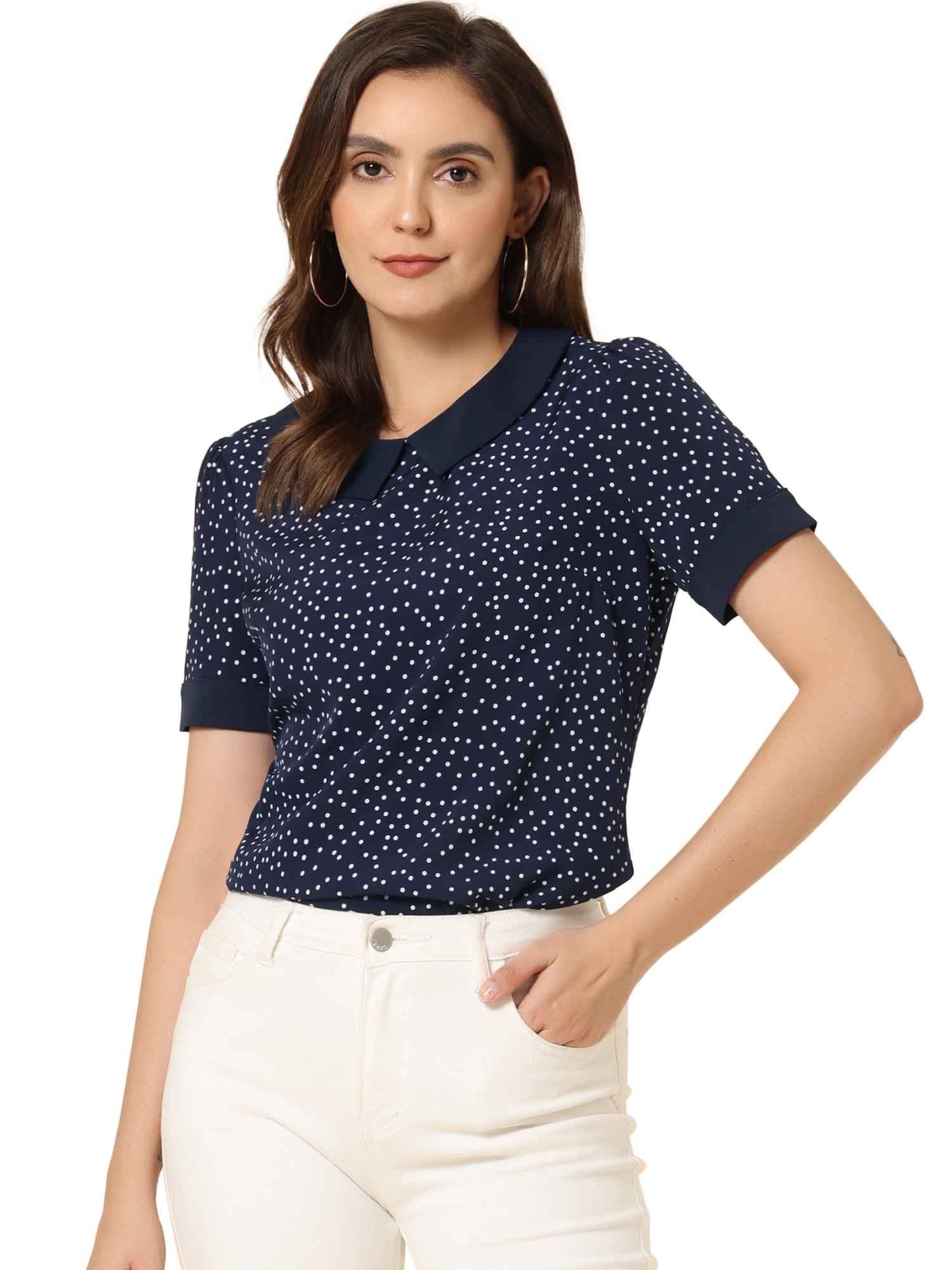 DARING DIVA Women's Peter Pan Collar Polka Dots Short Sleeve Tops L Navy Blue