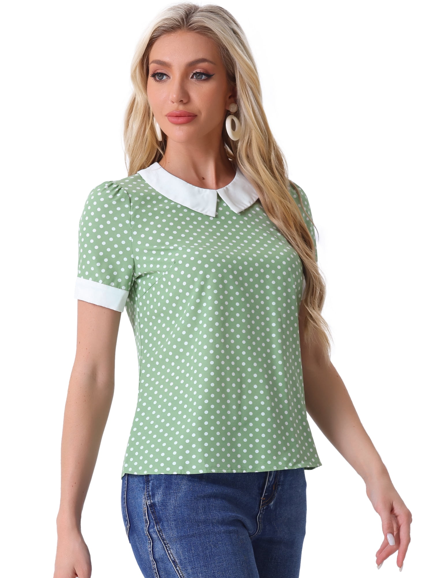 DARING DIVA Women's Peter Pan Collar Polka Dots Short Sleeve Tops M Dusty Green