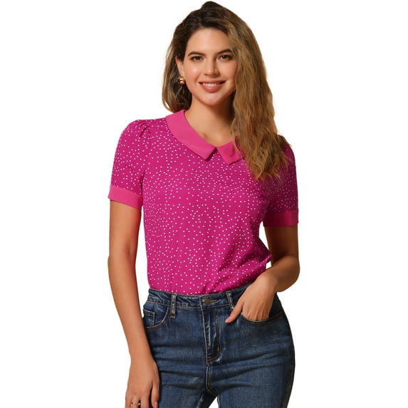 DARING DIVA Women's Peter Pan Collar Polka Dots Short Sleeve Tops M Hot Pink