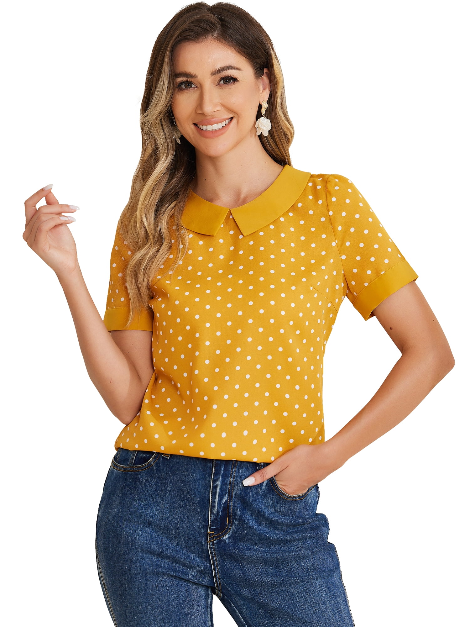 DARING DIVA Women's Peter Pan Collar Polka Dots Short Sleeve Tops M Yellow