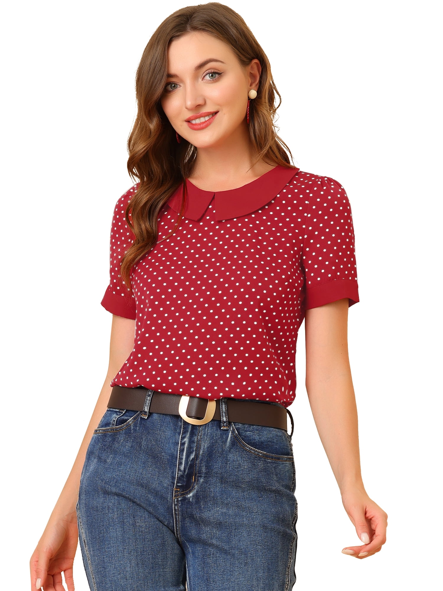 DARING DIVA Women's Peter Pan Collar Polka Dots Short Sleeve Tops XS Red