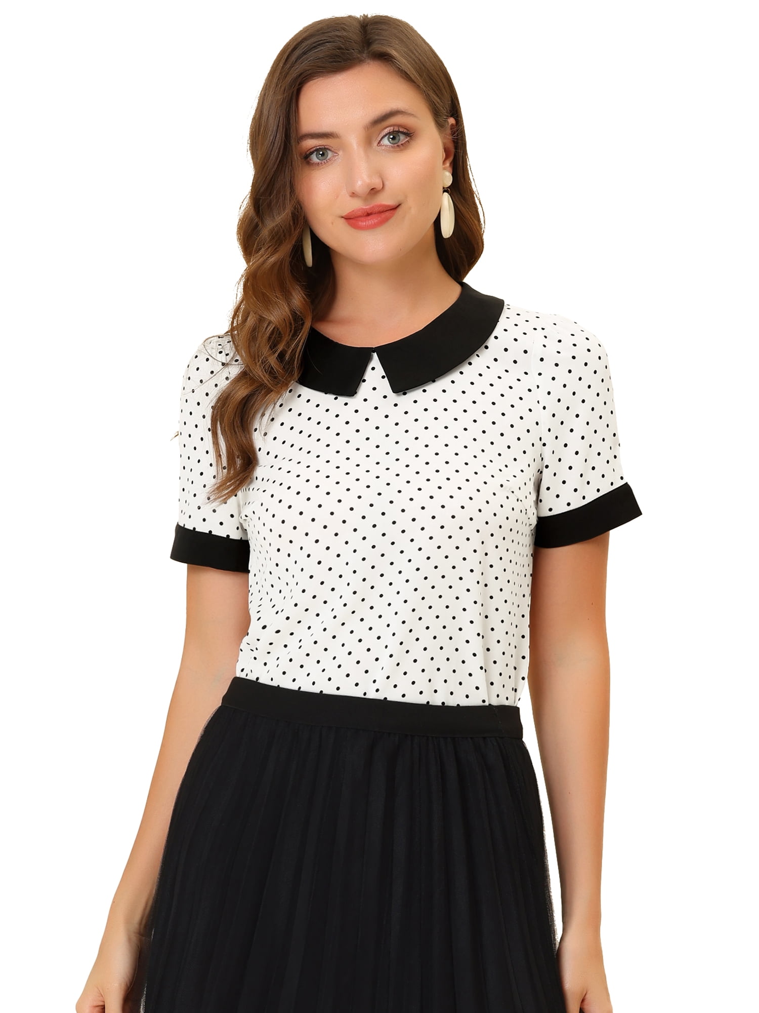 DARING DIVA Women's Peter Pan Collar Polka Dots Short Sleeve Tops XS White