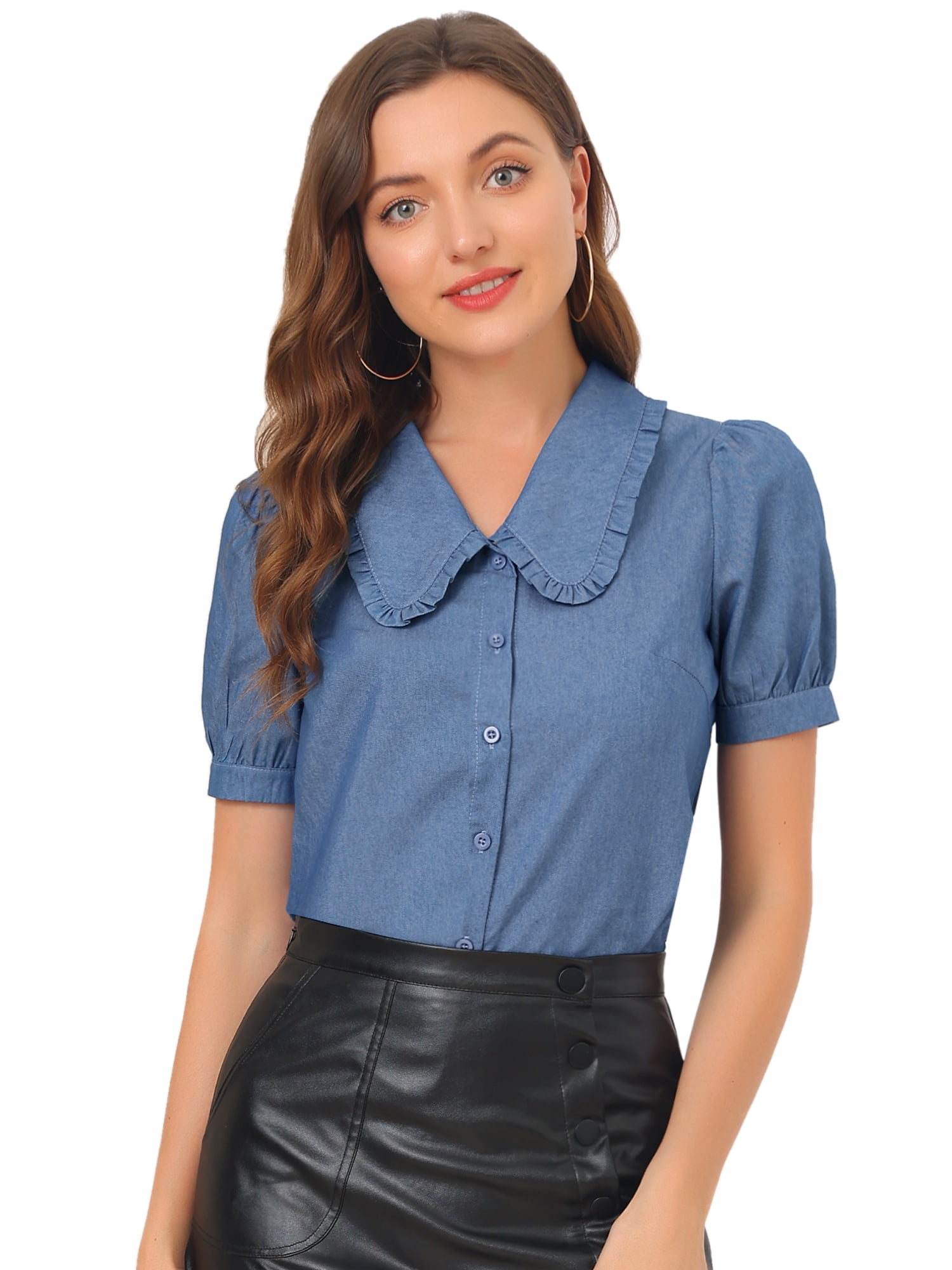DARING DIVA Women's Peter Pan Collar Puff Short Sleeve Button Chambray Shirt M Blue