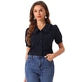 thumbnail image 1 of DARING DIVA Women's Peter Pan Collar Puff Short Sleeve Button Chambray Shirt M Navy Blue, 1 of 6