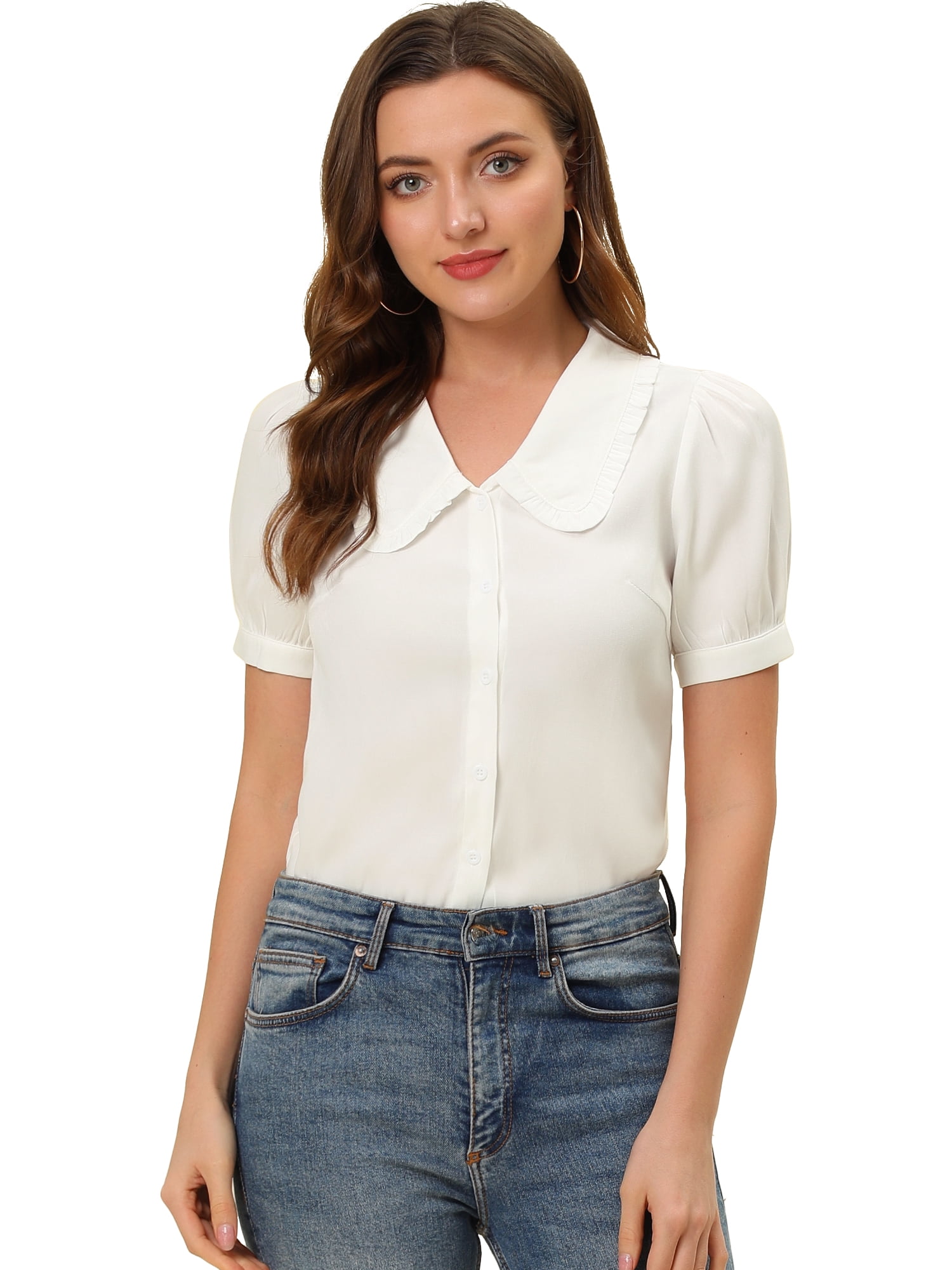 DARING DIVA Women's Peter Pan Collar Puff Short Sleeve Button Chambray Shirt XS White
