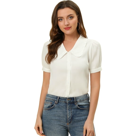 DARING DIVA Women's Peter Pan Collar Puff Short Sleeve Button Chambray Shirt XS White