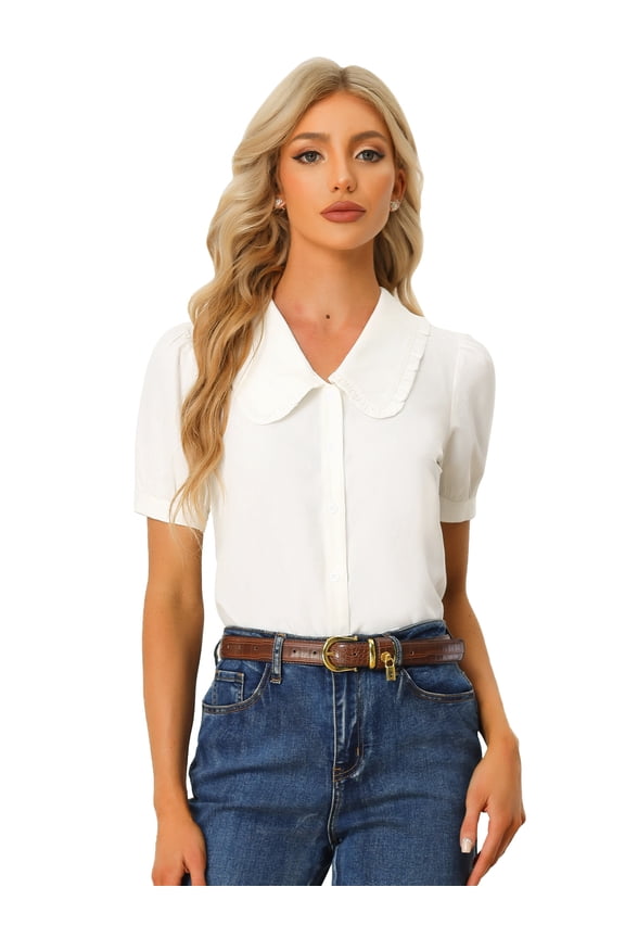 Women's Peter Pan Collar Puff Short Sleeve Retro Blouse 3XL Cream White