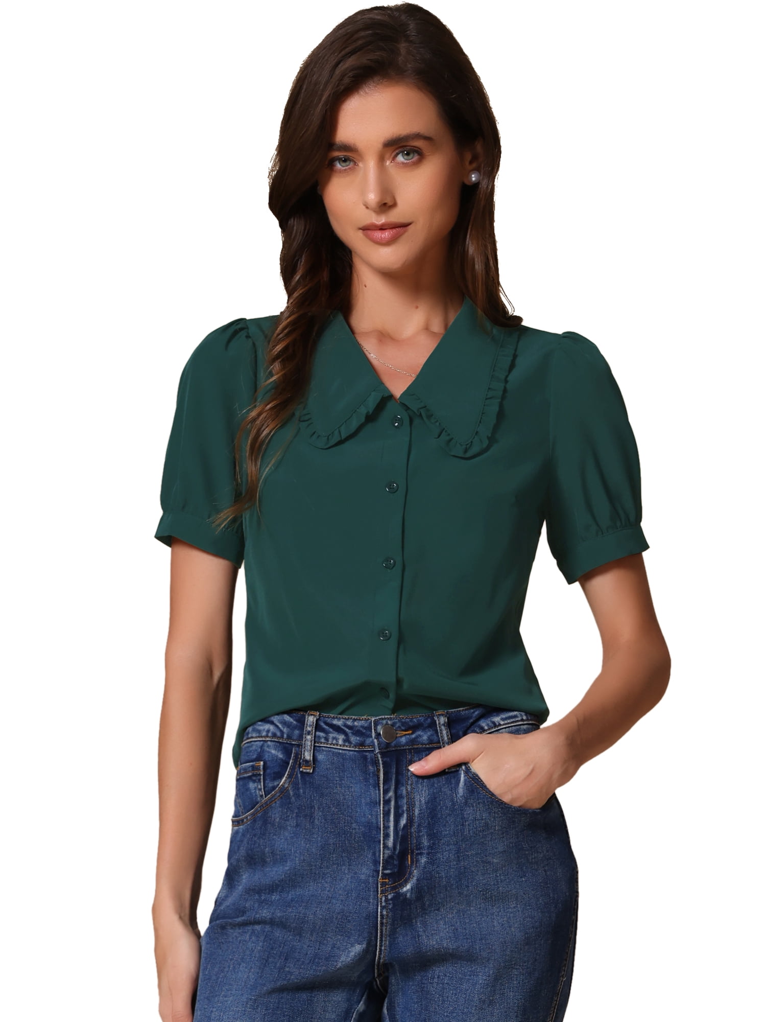 DARING DIVA Women's Peter Pan Collared Puff Short Sleeve Retro Blouse L Dark Green
