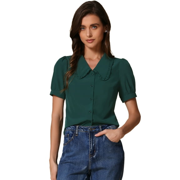 DARING DIVA Women's Peter Pan Collar Puff Short Sleeve Retro Blouse M Dark Green