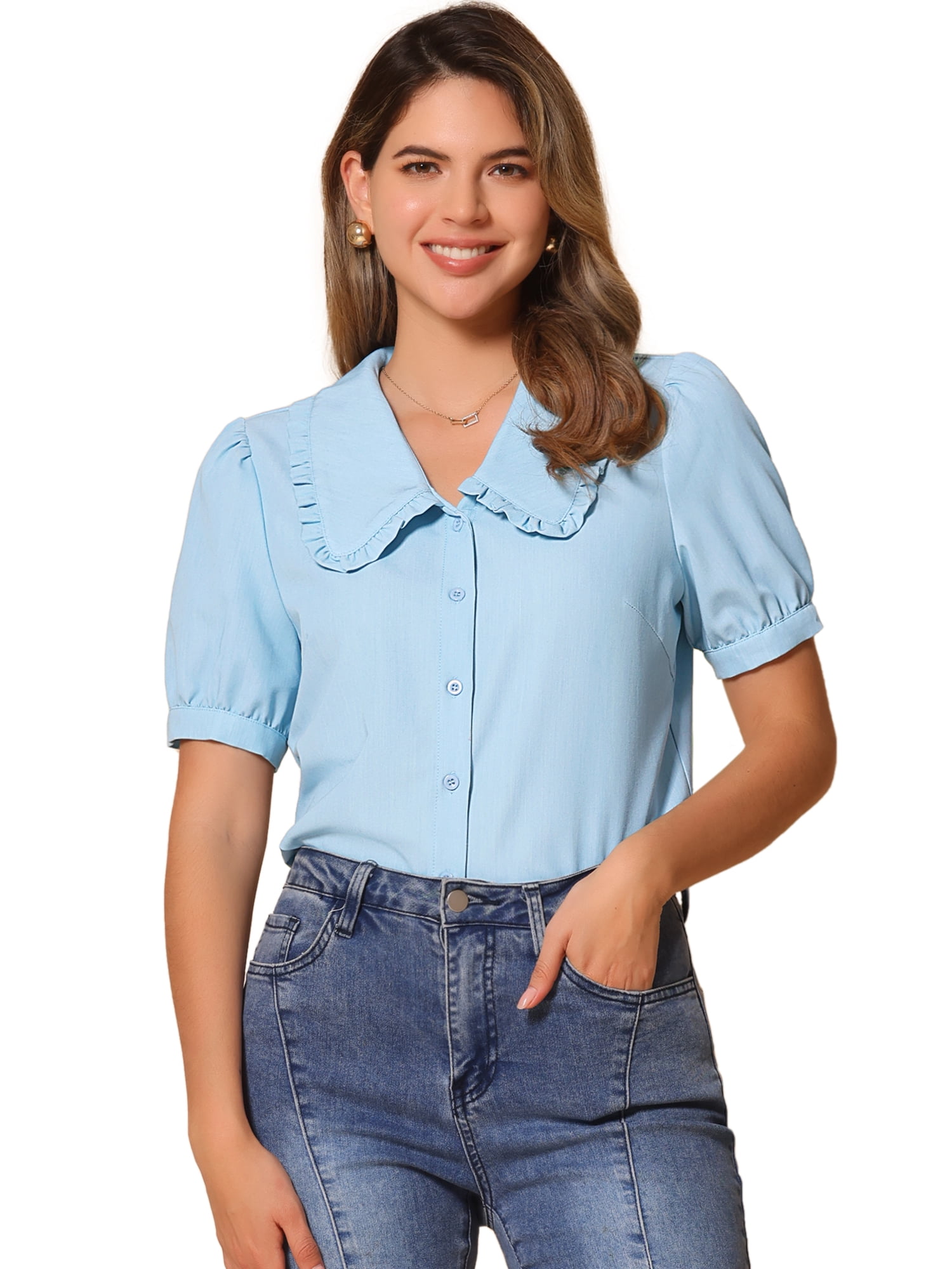 DARING DIVA Women's Peter Pan Collar Puff Sleeve Denim Blouse M Beau Blue