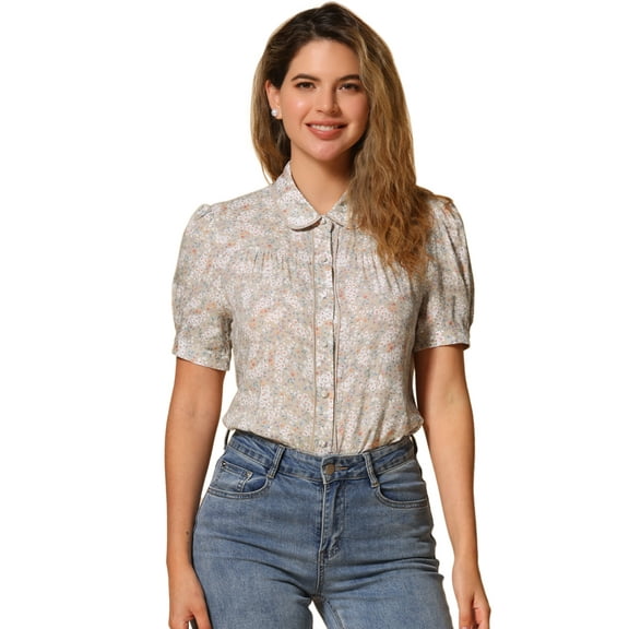 DARING DIVA Women's Peter Pan Collar Puff Sleeve Peasant Blouses L Orange