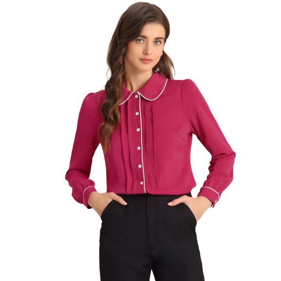 DARING DIVA Women's Peter Pan Collar Puff Sleeve Work Blouse M Fushcia