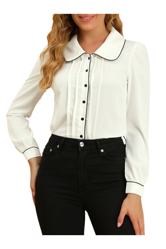 Women's Peter Pan Collar Puff Sleeve Work Blouse M White