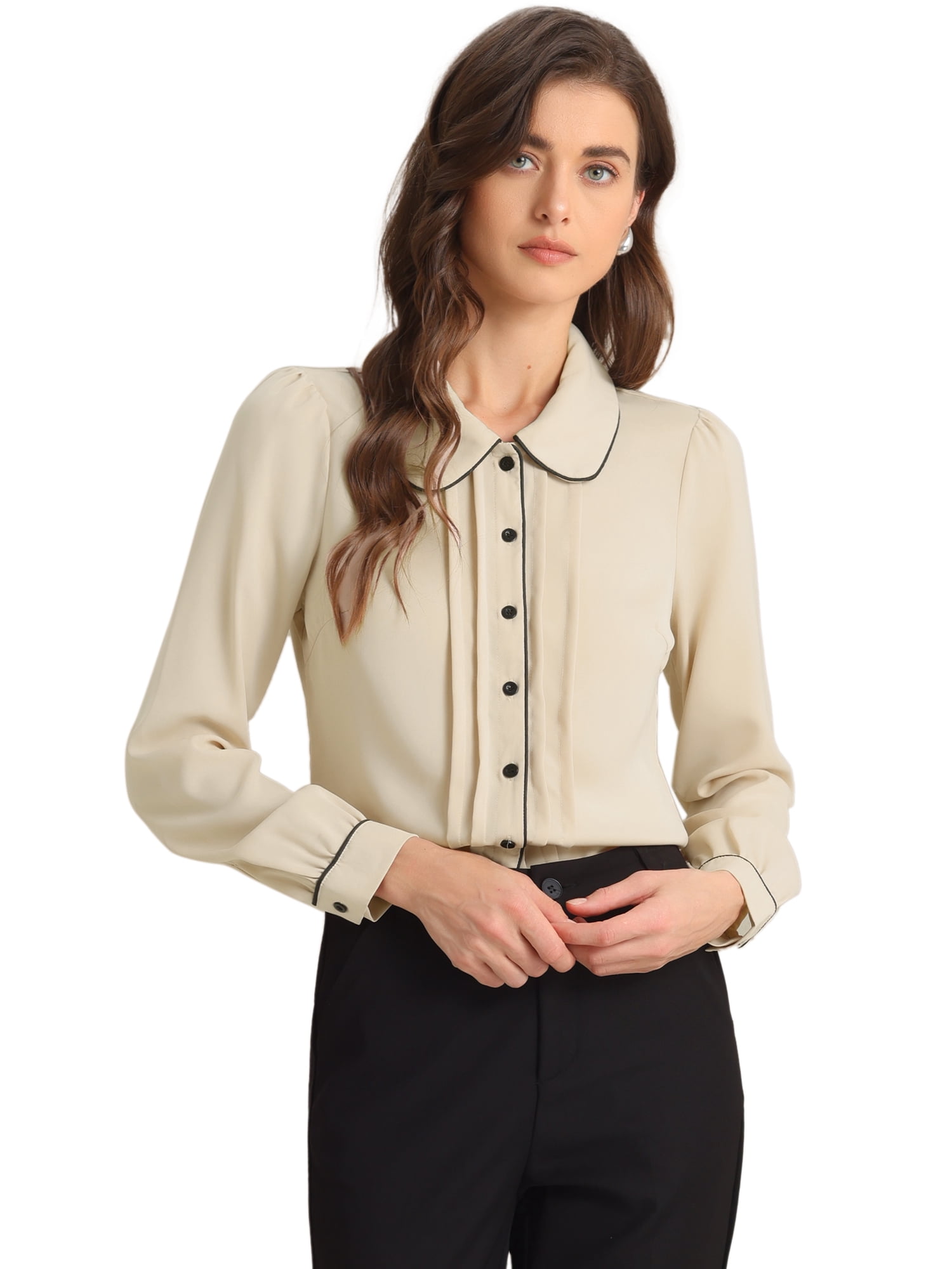 DARING DIVA Women's Peter Pan Collar Puff Sleeve Work Blouse S Light Khaki