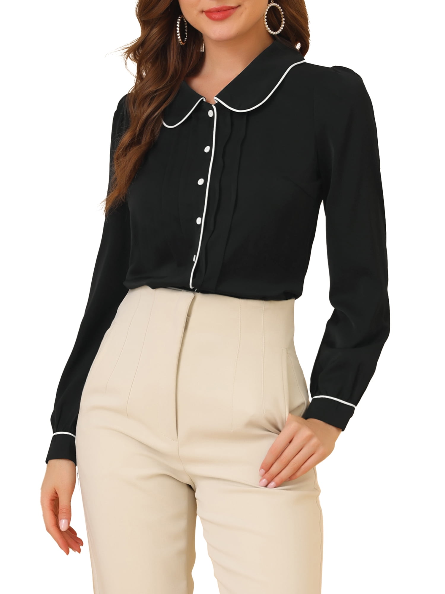 DARING DIVA Women's Peter Pan Collar Puff Sleeve Work Blouse XL Black