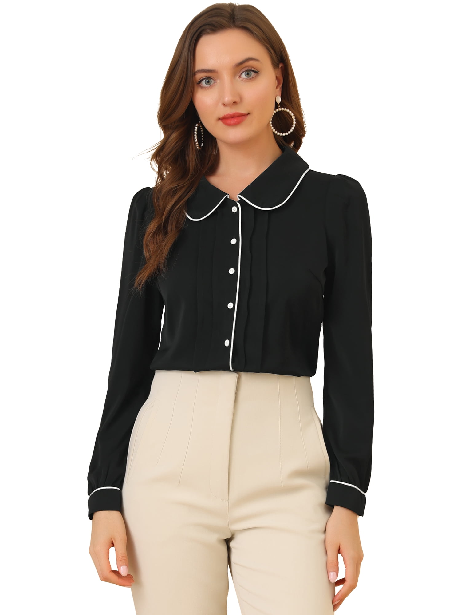 DARING DIVA Women's Peter Pan Collar Puff Sleeve Work Blouse XXL Black