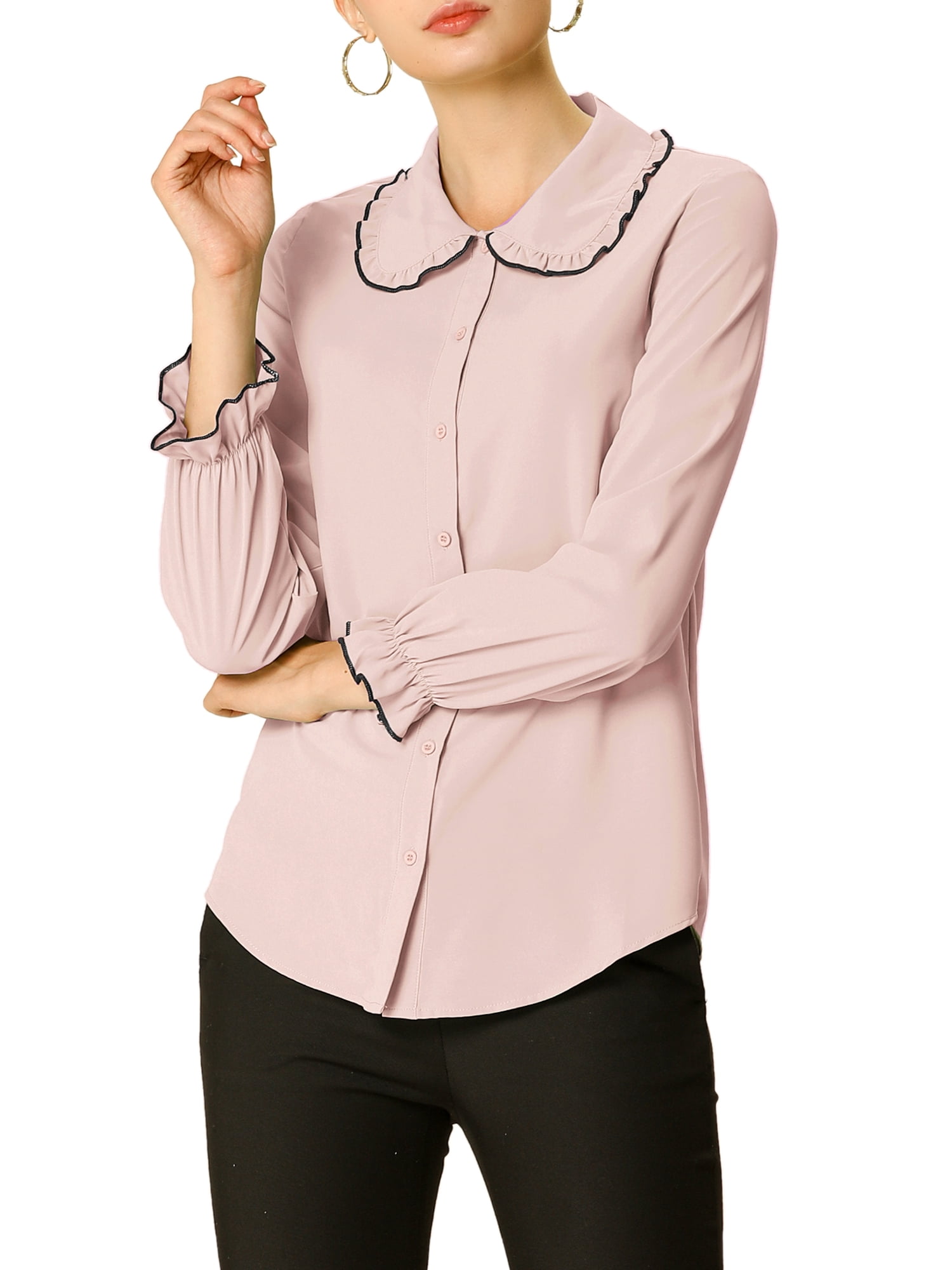 DARING DIVA Women's Peter Pan Collar Ruffle Long Sleeve Shirt L Pink