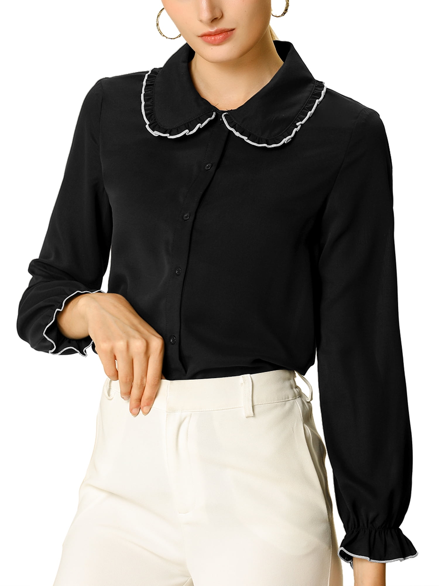 DARING DIVA Women's Peter Pan Collar Ruffle Long Sleeve Shirt M Black