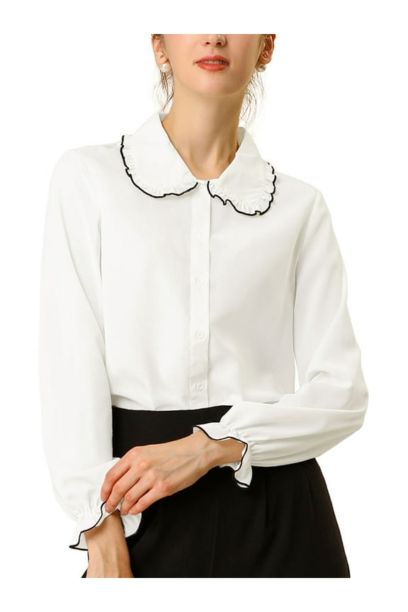 Women's Peter Pan Collar Ruffle Long Sleeve Shirt S White