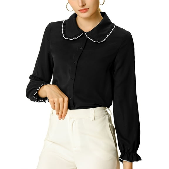 DARING DIVA Women's Peter Pan Collar Ruffle Long Sleeve Shirt XL Black