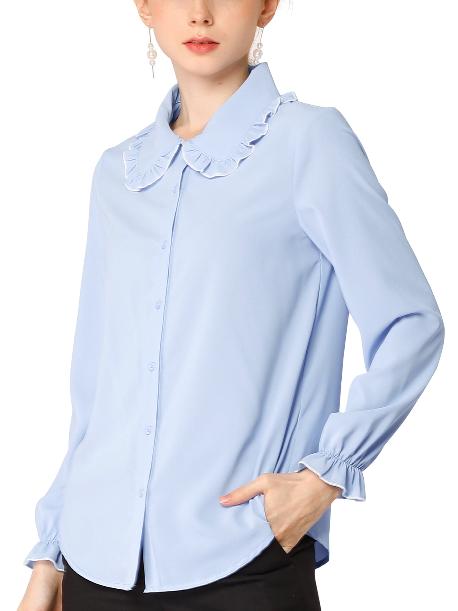 DARING DIVA Women's Peter Pan Collar Ruffle Long Sleeve Shirt XL Light Blue
