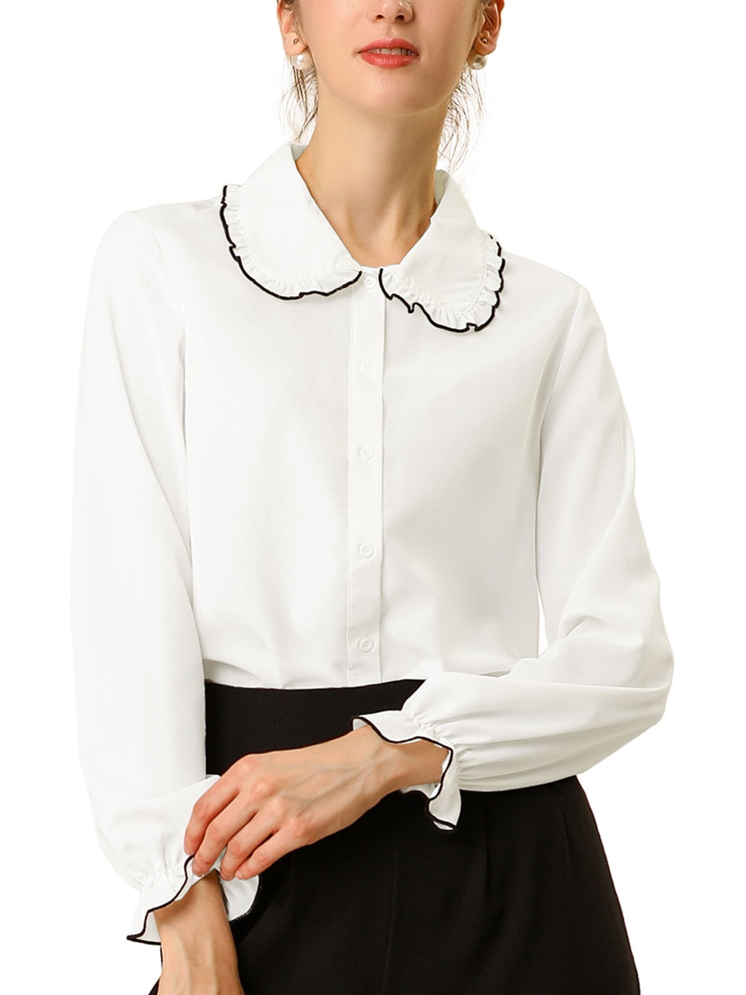 DARING DIVA Women's Peter Pan Collar Ruffle Long Sleeve Shirt XS White