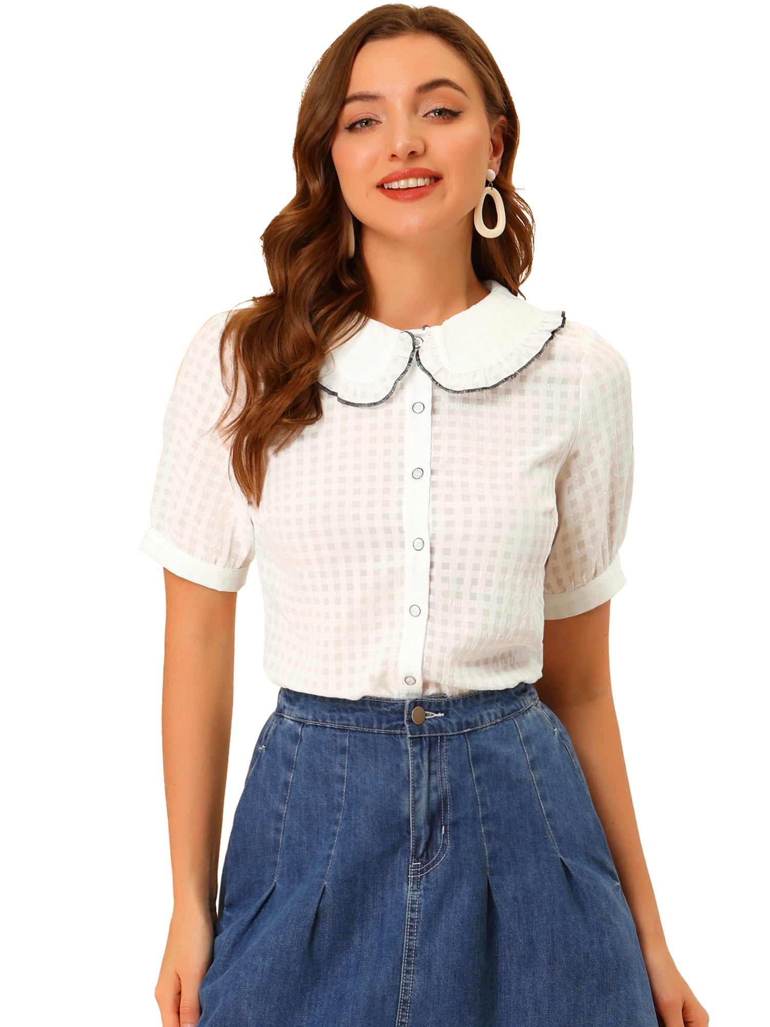 DARING DIVA Women's Peter Pan Collar Ruffled Trim Gingham Shirts Blouse M White