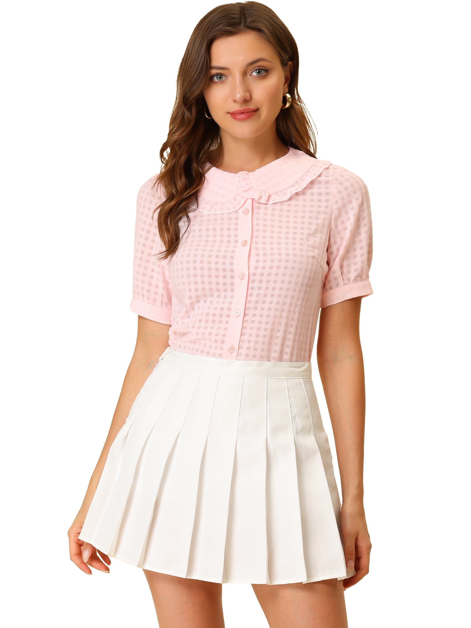 DARING DIVA Women's Peter Pan Collar Ruffled Trim Gingham Shirts Blouse XL Pink