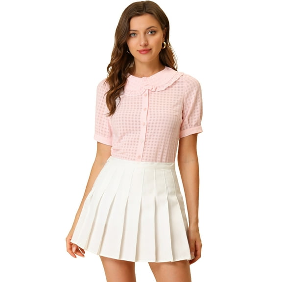 DARING DIVA Women's Peter Pan Collar Ruffled Trim Gingham Shirts Blouse XL Pink
