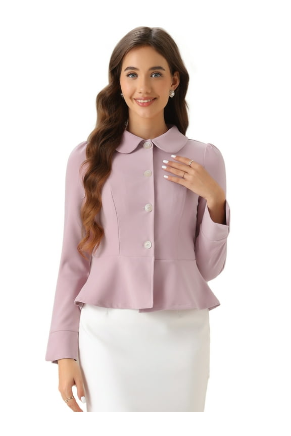 Women's Peter Pan Collar Ruffles Office Blazers L Pink