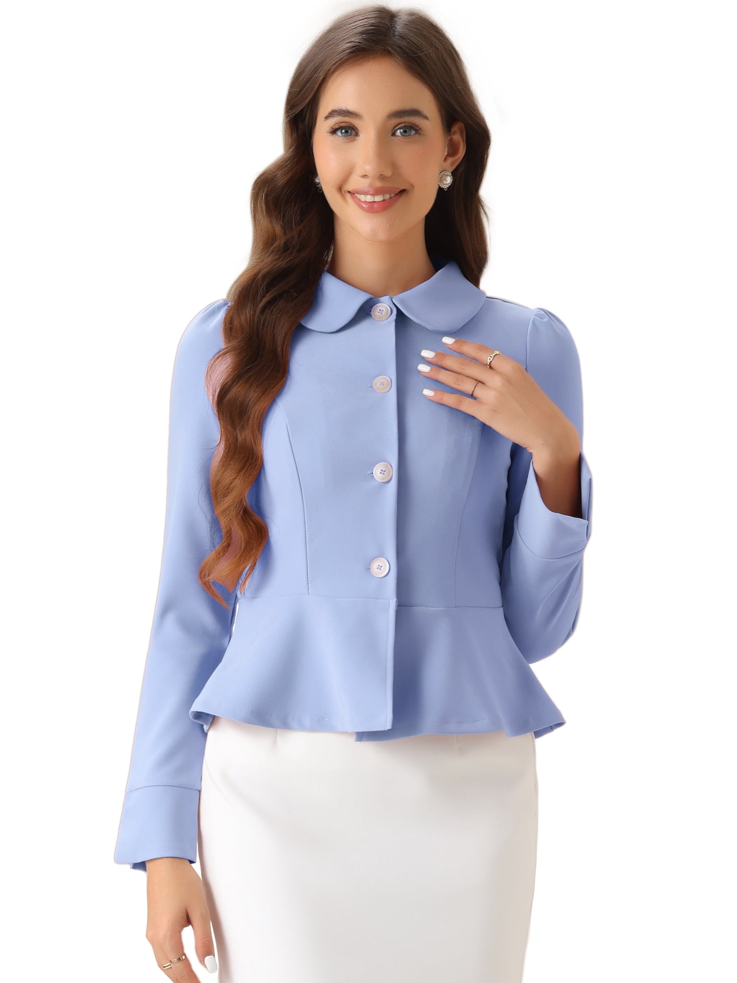 DARING DIVA Women's Peter Pan Collar Ruffles Office Blazers XL Light Blue