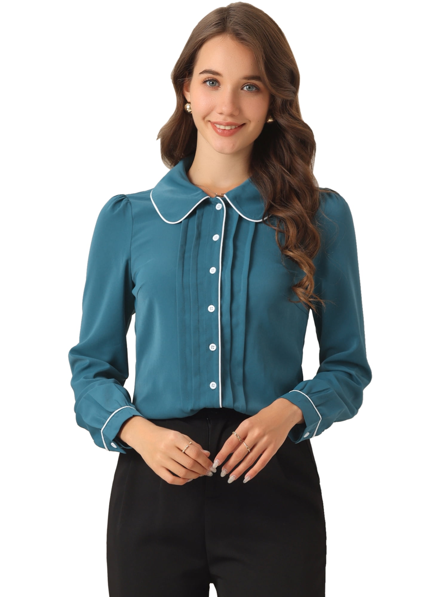 DARING DIVA Women's Peter Pan Collar Shirt Puff Sleeve Blouse Tops L Blue