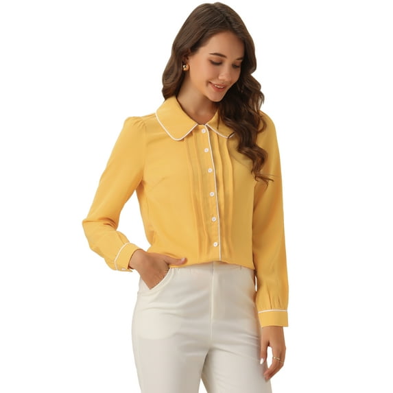 DARING DIVA Women's Peter Pan Collar Shirt Puff Sleeve Blouse Tops M Yellow